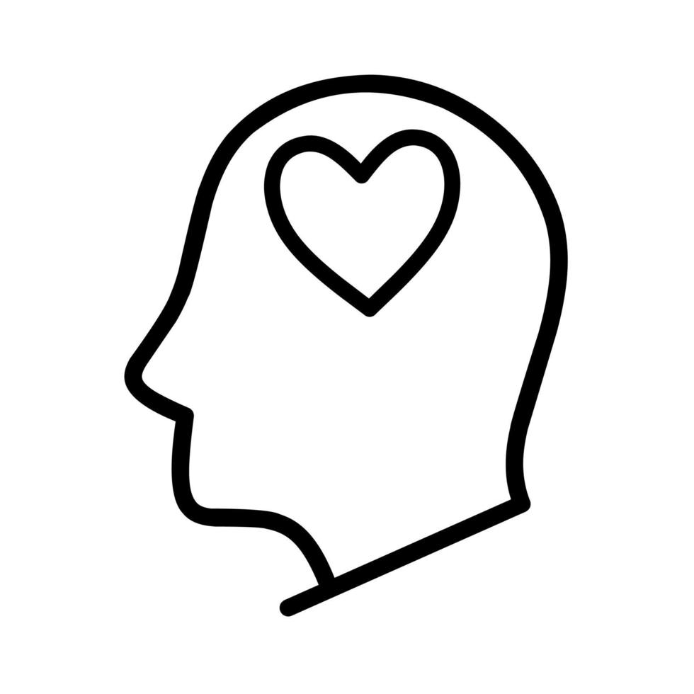 Head vector icon with heart symbol on white background. Concept of human mind full of compassion and love.