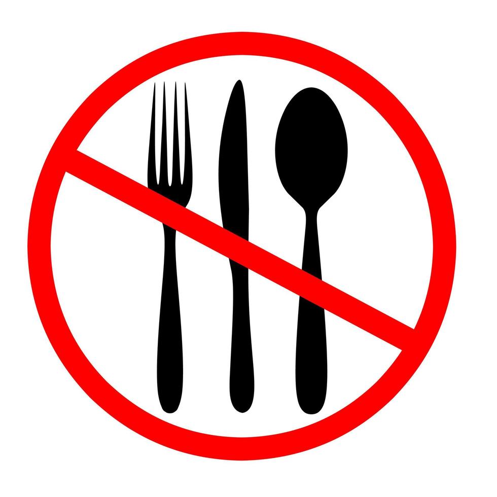 No eating sign icon. Fork, spoon and knife with red circles. Do not eat warning vector design. Isolated on a white background. Vector illustration.