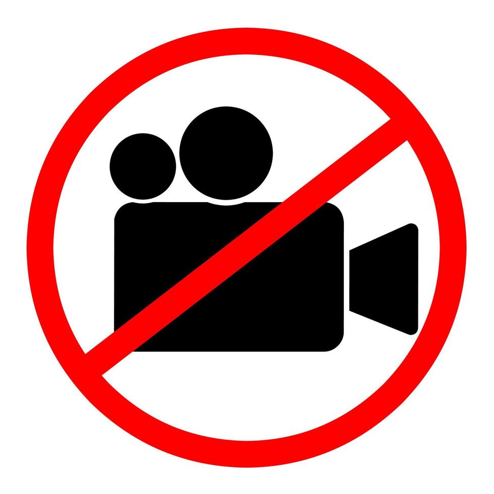 Video recording is prohibited. Camera icon with red circle. Warning sign vector illustration.