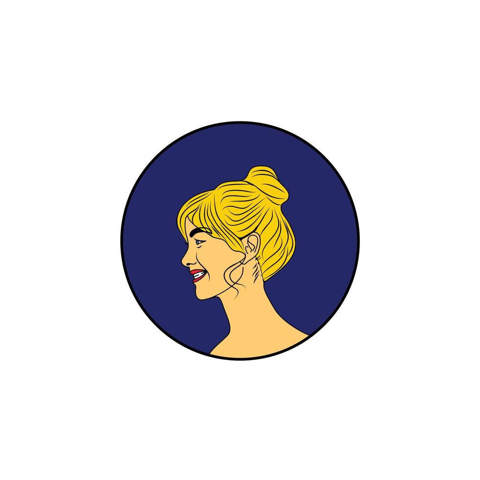 Illustration beauty blonde with hair bun laughing in the blue background logo design vector