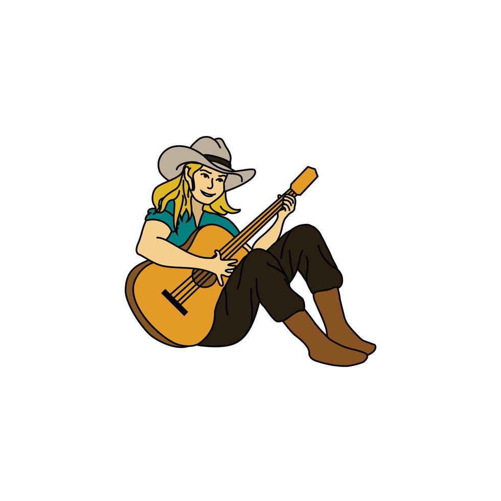 The cute cowgirl sitting playing guitar outline logo vector illustration