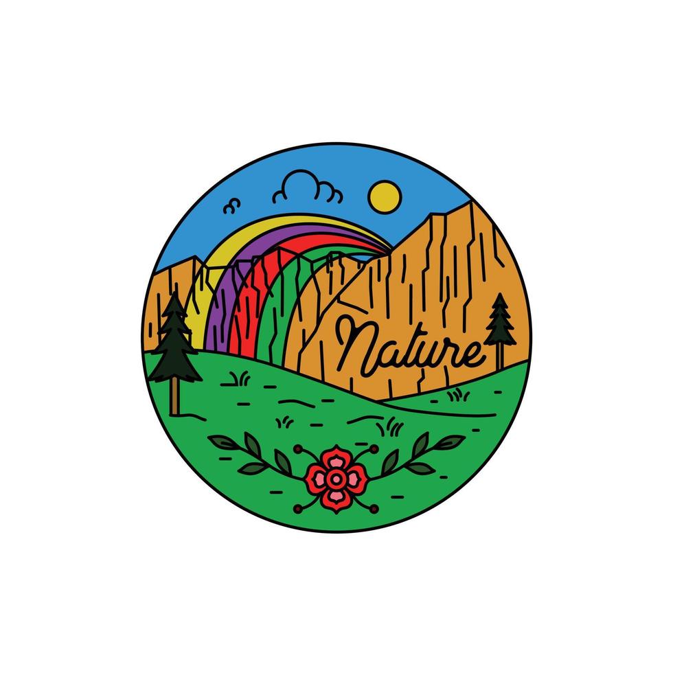 ilustración arco iris en la colina paisaje pegatina colorido logotipo diseño contorno vector