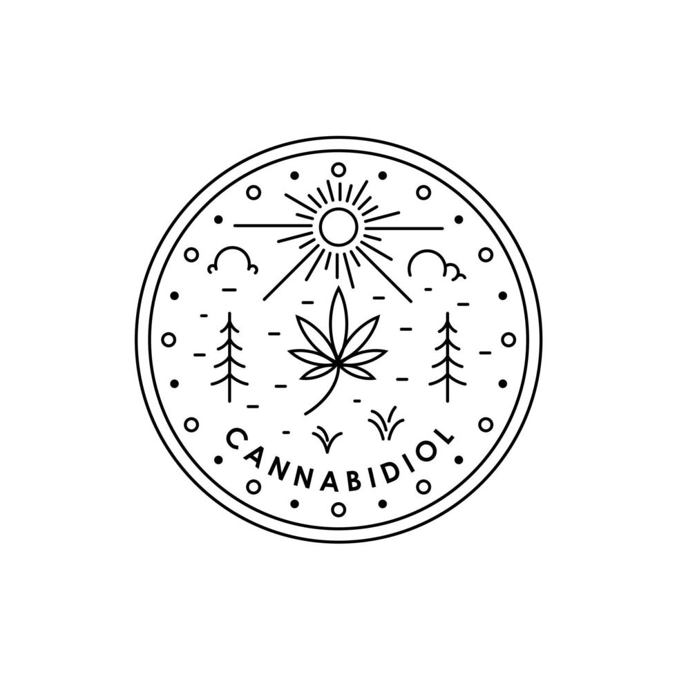 paisaje al aire libre con cielo y sol cbd marihuana marihuana hoja de cáñamo con logotipo de arte de línea pegatina de diseño vectorial en forma de círculo vector