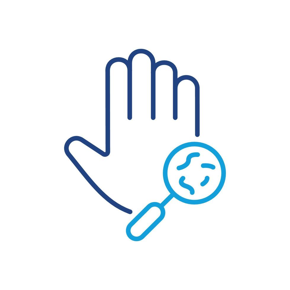 Bacteria, Germs, Microbes and Bacilli on Dirty Hand Palm Line Icon. Magnifier and Human Hand with Virus and Bacteria. Medical Research of Virus Skin Diseases. Editable stroke. Vector illustration.