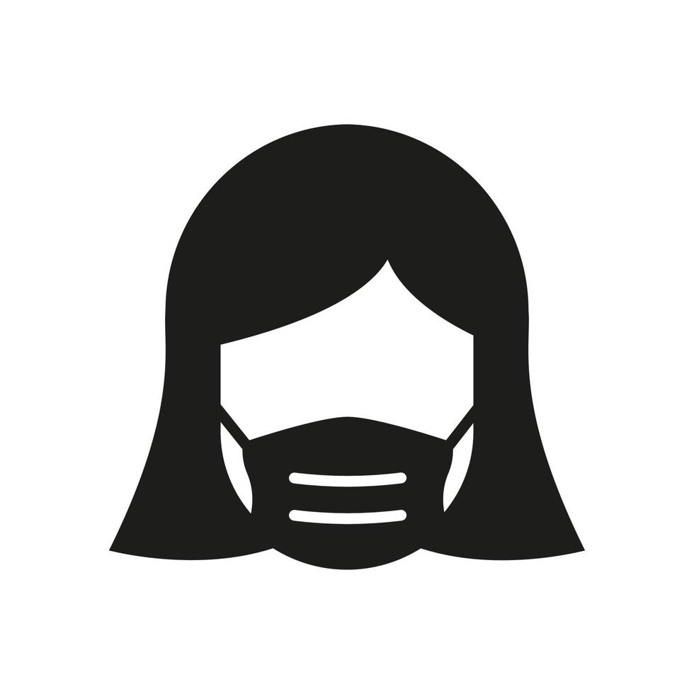 Woman in Medical Face Mask Silhouette Black Line Icon. Face Protection Mask Cover Nose and Mouth of Girl. Wear Respirator against Air Pollution, Virus, Allergy and Dust. Isolated Vector illustration.