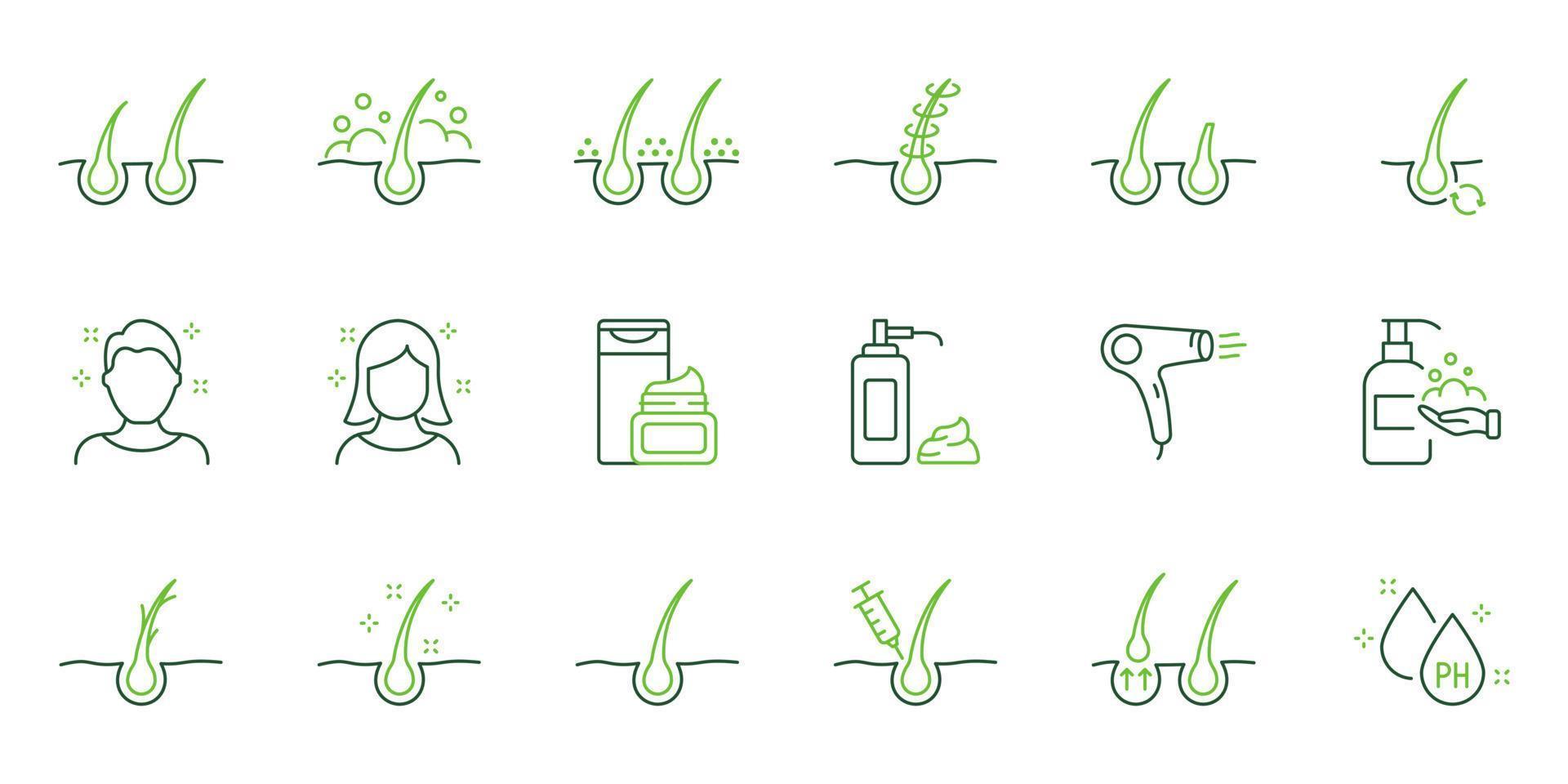 Hair Beauty Care Line Icons. Treatment and Problem of Hair. Hair Care and Loss Problem. Cosmetic Products for Hairstyle Color Outline Icons. Editable Stroke. Isolated Vector Illustration.