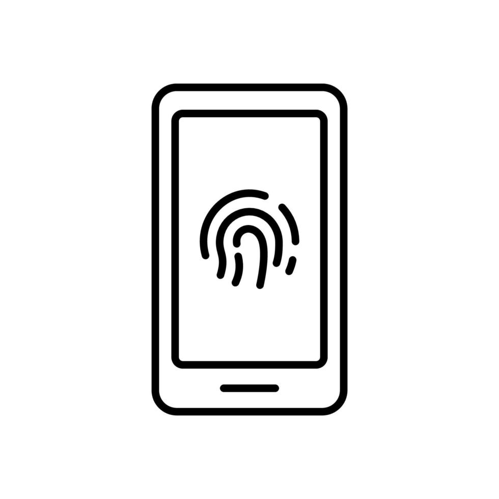 Touch ID in Cellphone Line Icon. Fingerprint Identification on Mobile Phone Sign. Finger Print Scanner on Smartphone Outline Icon. Biometric Identity. Editable Stroke. Isolated Vector Illustration.