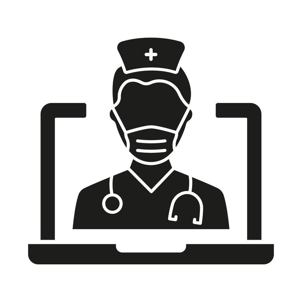 Online Digital Medicine Silhouette Icon. Doctor in Computer Medical Health Care Online Glyph Black Pictogram. Virtual Medicine Service Icon. Telemedicine. Isolated Vector Illustration.