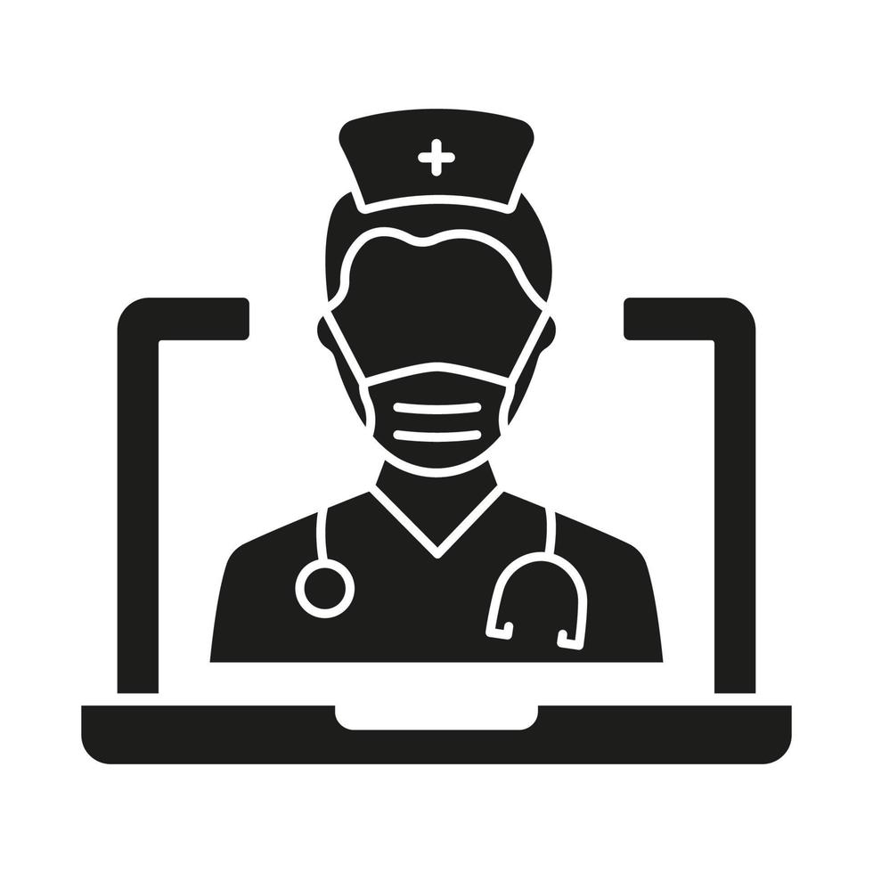 icono de silueta de medicina digital en línea. médico en computadora atención médica glifo en línea pictograma negro. icono de servicio de medicina virtual. telemedicina ilustración vectorial aislada. vector