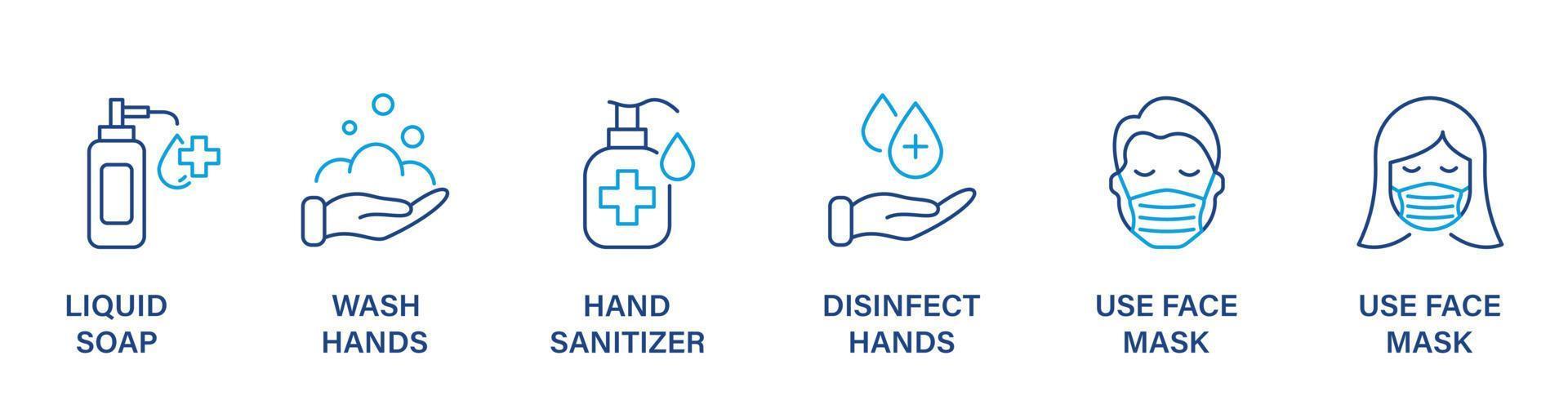 Virus Precaution Banner. Sanitizer and Liquid Soap, Wash, Disinfect Hands, Use Face Mask Icon. Coronavirus Prevention Line Icon Set. Sign for Medical Poster. Editable stroke. Vector illustration.