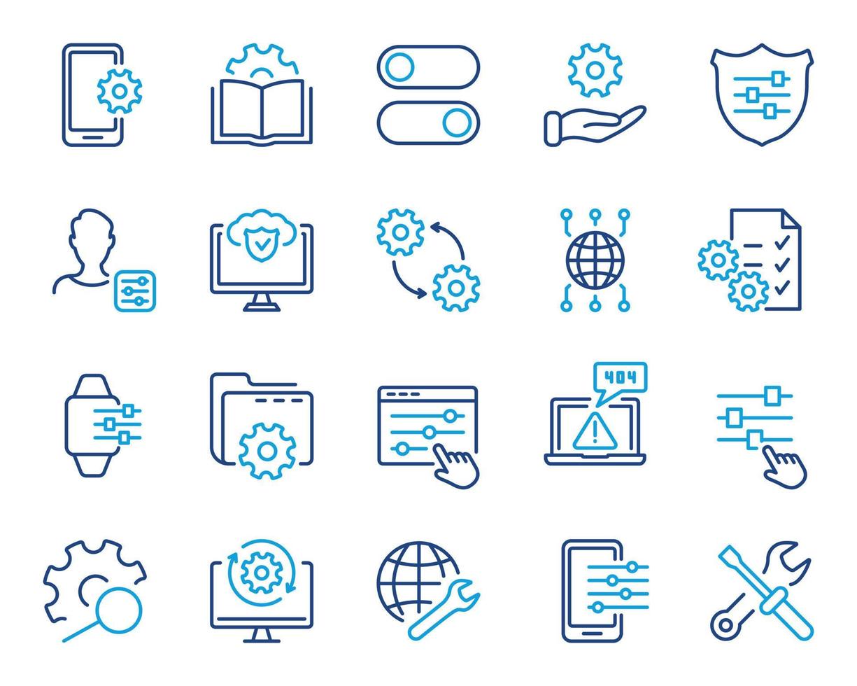 Tech Support, Settings and Options Color Line Icon. Gear, Screwdriver and Wrench Icons. Setup, Repair and Settings Outline Icon Set. Editable Stroke. Isolated Vector illustration.
