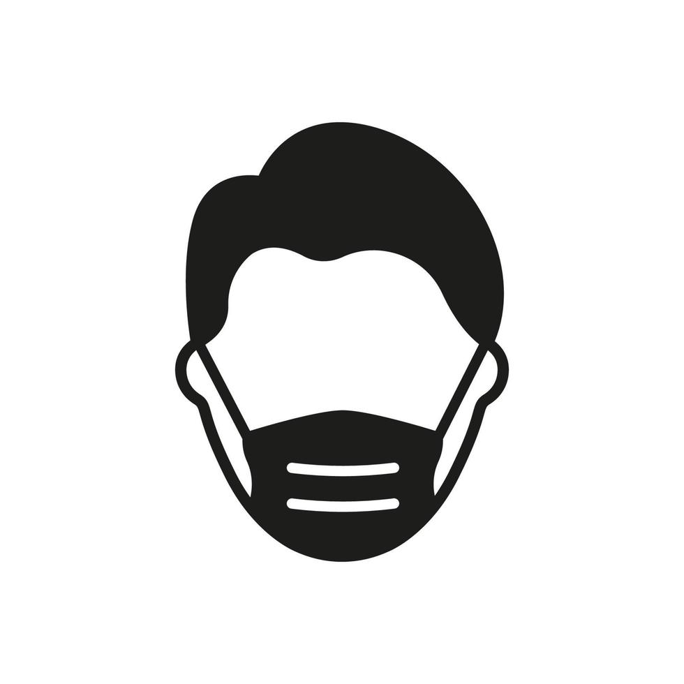 Man in Face Mask Silhouette Icon. Medical Face Protection Mask Cover Mouth and Nose of Human. Wear Respirator against Virus, Air Pollution, Dust and Allergy. Isolated Vector illustration.