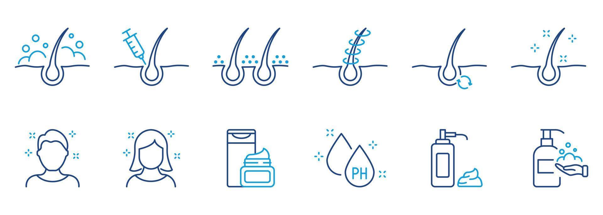 Treatment and Problem of Hair. Hair Beauty Care Line Icons. Hair Care and Loss Problem. Cosmetic Products for Hairstyle Color Outline Icons. Editable Stroke. Isolated Vector Illustration.