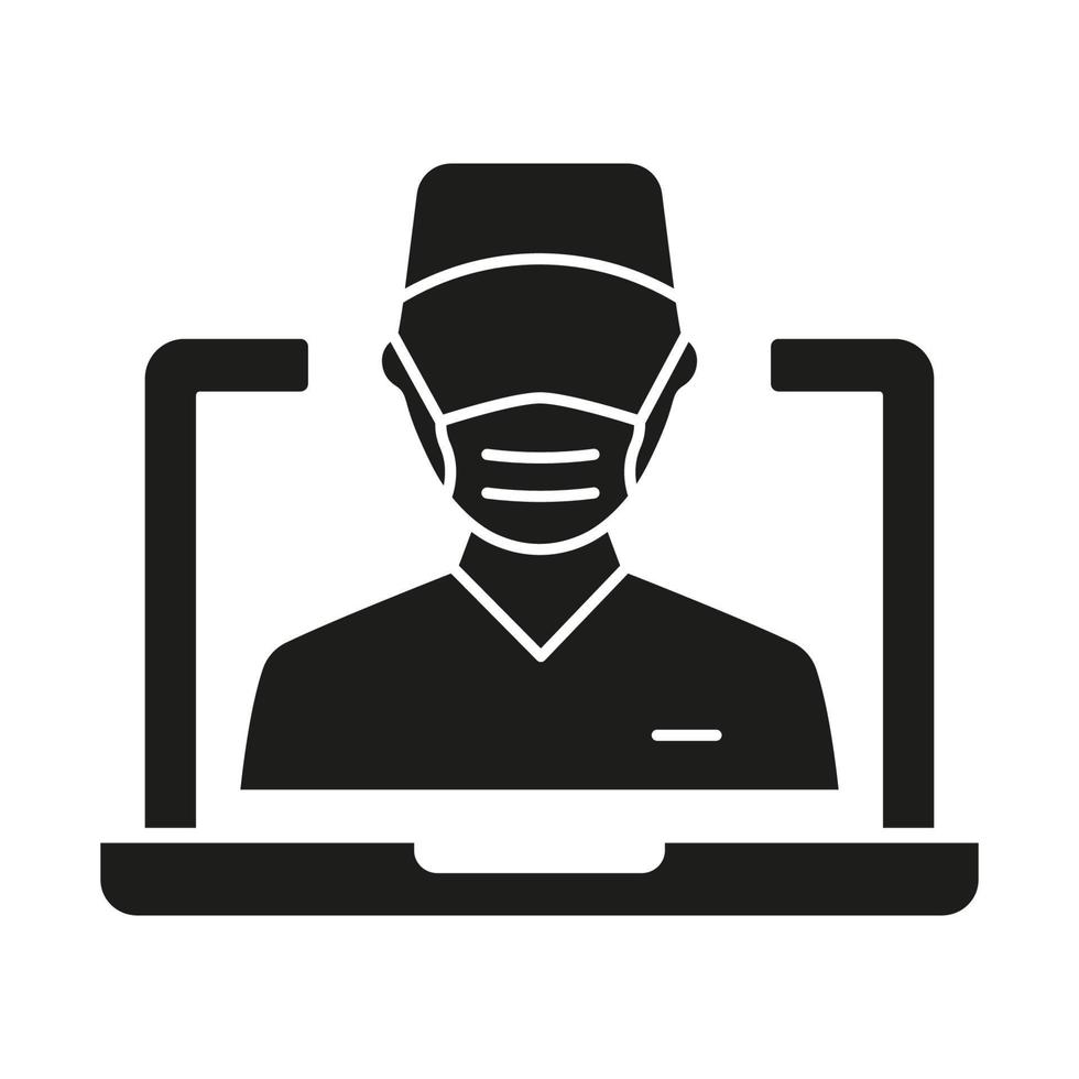 Online Digital Medicine Silhouette Icon. Doctor in Computer Medical Health Care Online Glyph Black Pictogram. Virtual Medicine Service Icon. Telemedicine. Isolated Vector Illustration.