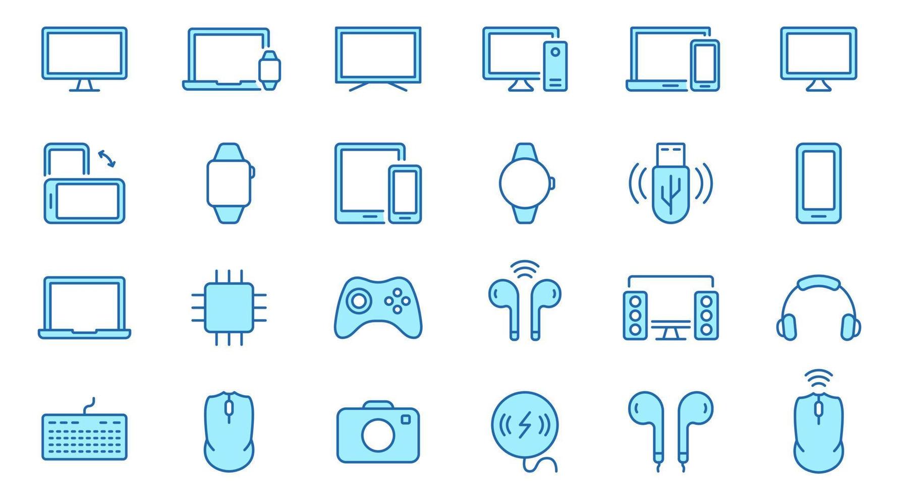 Modern Electronic Wireless Equipment Color Line Icon Set. PC, Computer, Monitor, Smartphone, Camera, Keyboard, Headphone Pictogram. Devices Symbol. Editable Stroke. Isolated Vector Illustration.