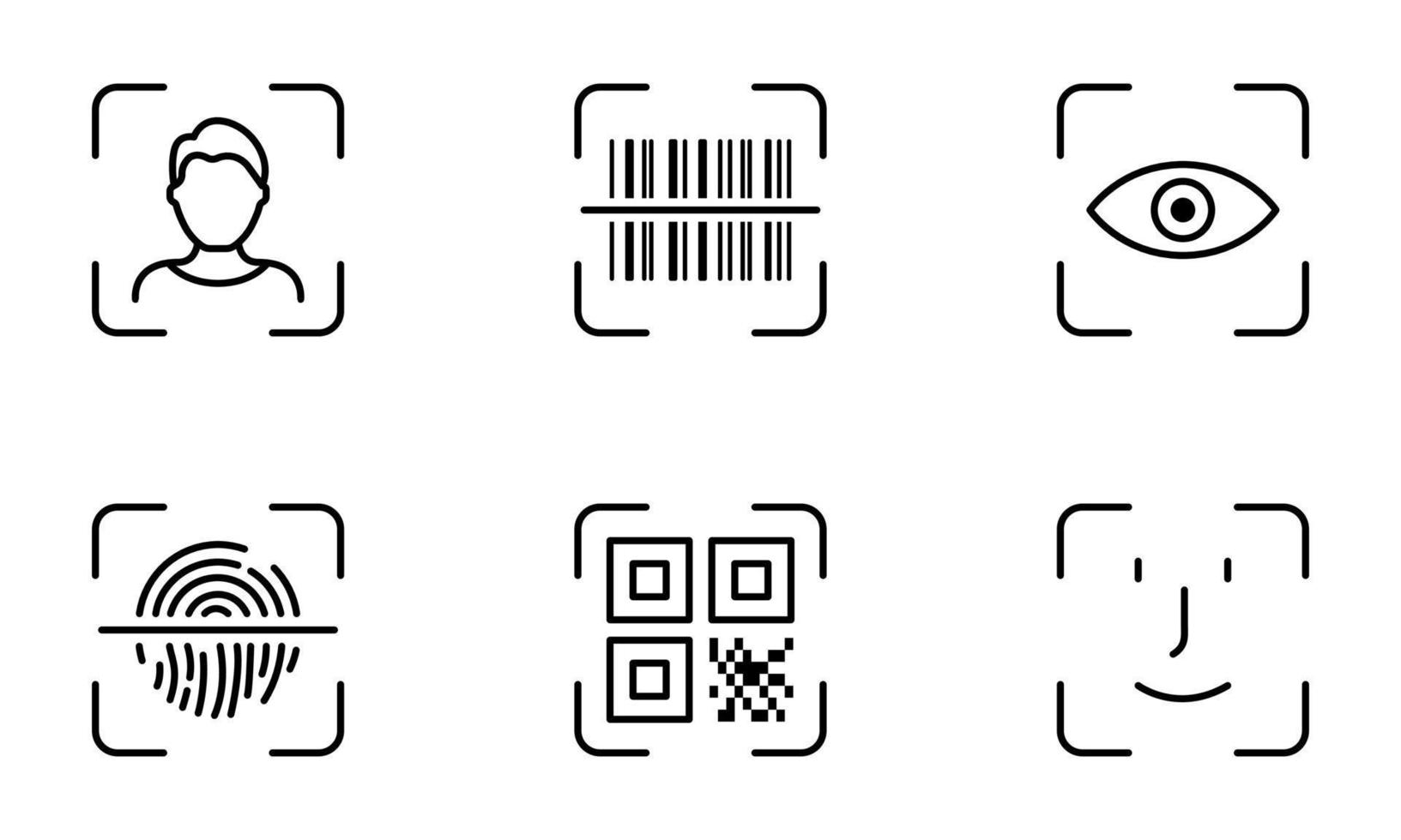 Biometric Identification by Finger Print, Eye Recognize, Touch ID Line Icon Set. Scan QR Code, Barcode Technology Pictogram. Security Protection Symbol. Editable Stroke. Isolated Vector Illustration.