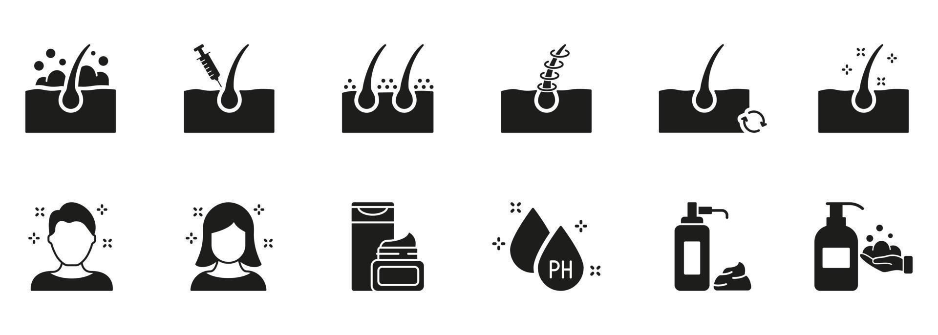 Hair Care and Loss Problem. Treatment and Problem of Hair. Hair Beauty Care Silhouette Icons. Cosmetic Products for Hairstyle Black Icons. Isolated Vector Illustration.