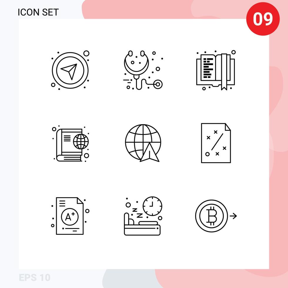 Mobile Interface Outline Set of 9 Pictograms of globe online book internet book Editable Vector Design Elements