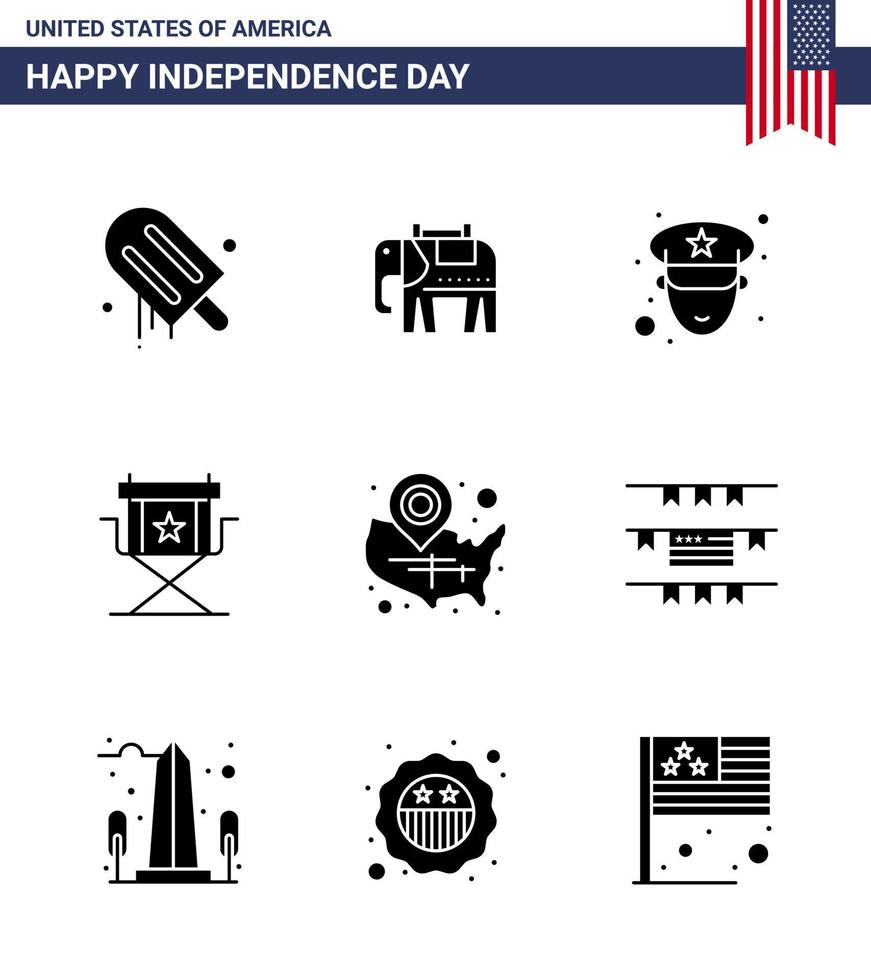 feliz día de la independencia 9 paquete de iconos de glifos sólidos para web e imprimir películas de televisión de oficial de mapa de estados unidos elementos de diseño de vector de día de estados unidos editables