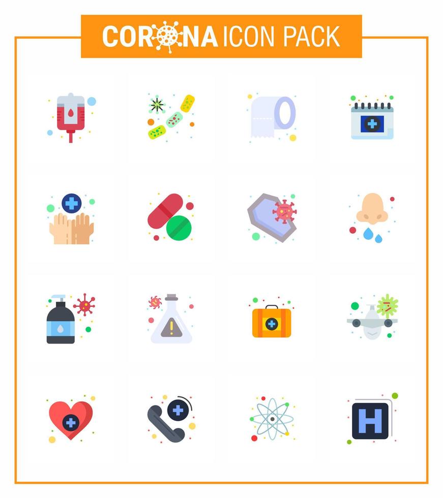 paquete de iconos covid19 de coronavirus de 16 colores planos, como el programa de higiene, la limpieza de citas médicas, el coronavirus viral 2019nov, elementos de diseño de vectores de enfermedades
