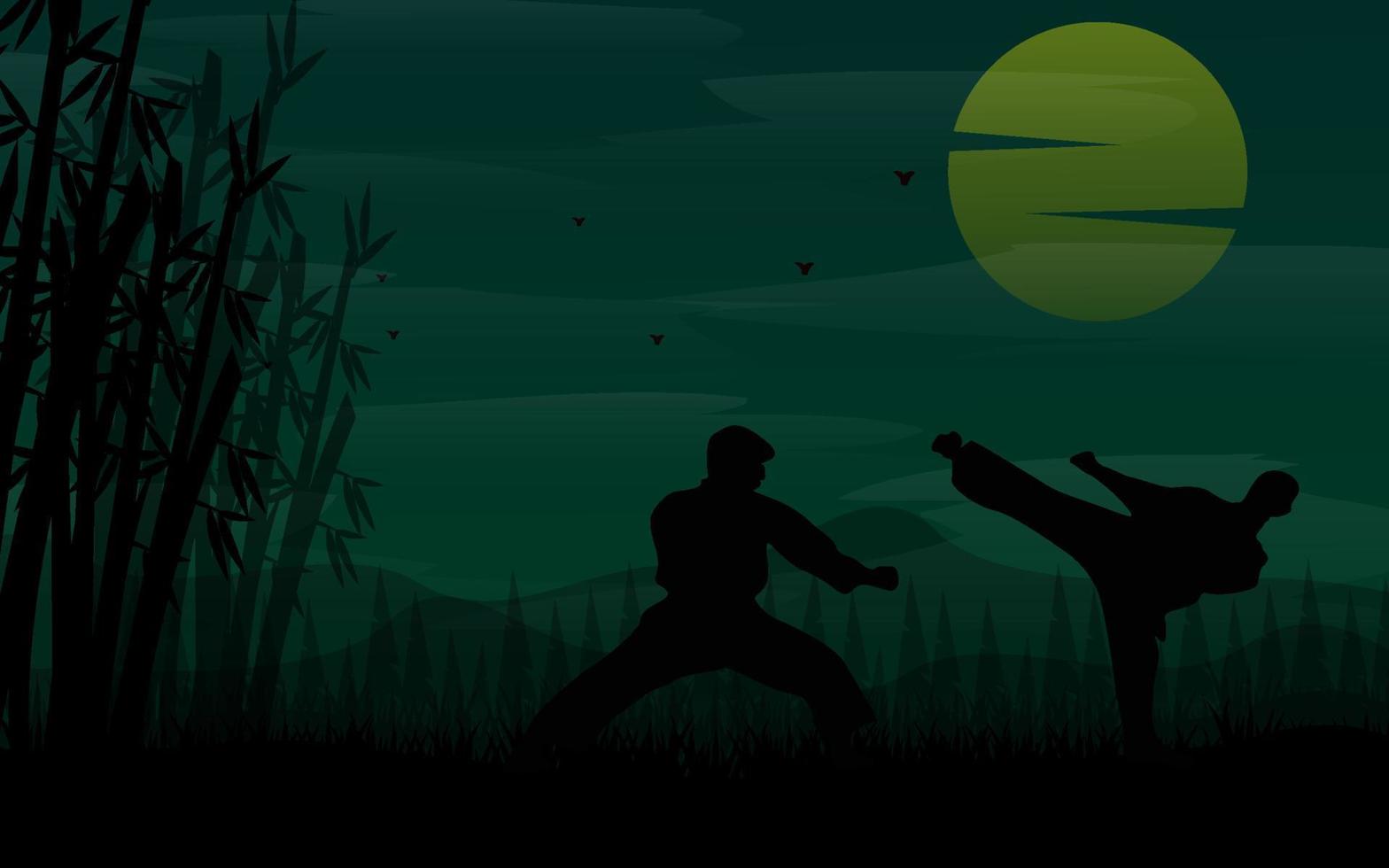 silueta de kungfu con paisaje de fondo nocturno vector