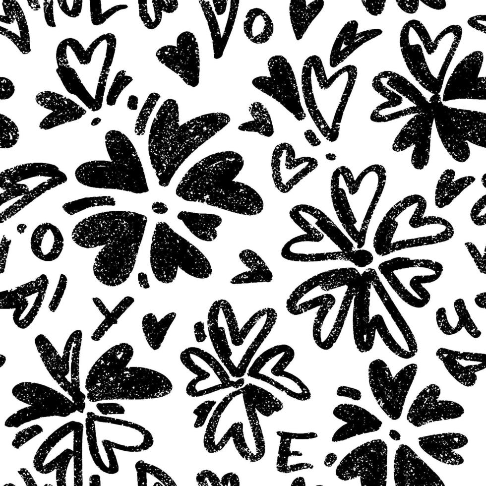 Pattern with textured hearts in flower shapes. Seamless one color background. Repeatable hand drawn backdrop. vector