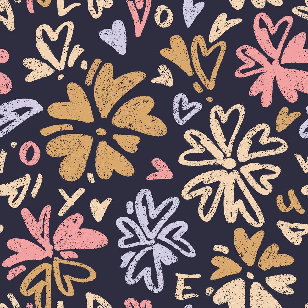 Pattern with textured hearts in flower shapes. Seamless colorful background. Repeatable hand drawn backdrop. vector