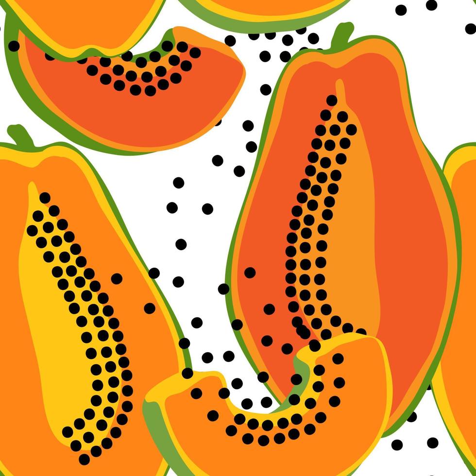 patrón vectorial sin costuras con frutos de papaya. colorido fondo repetible dibujado a mano. mitades de papaya con fondo de semillas. vector