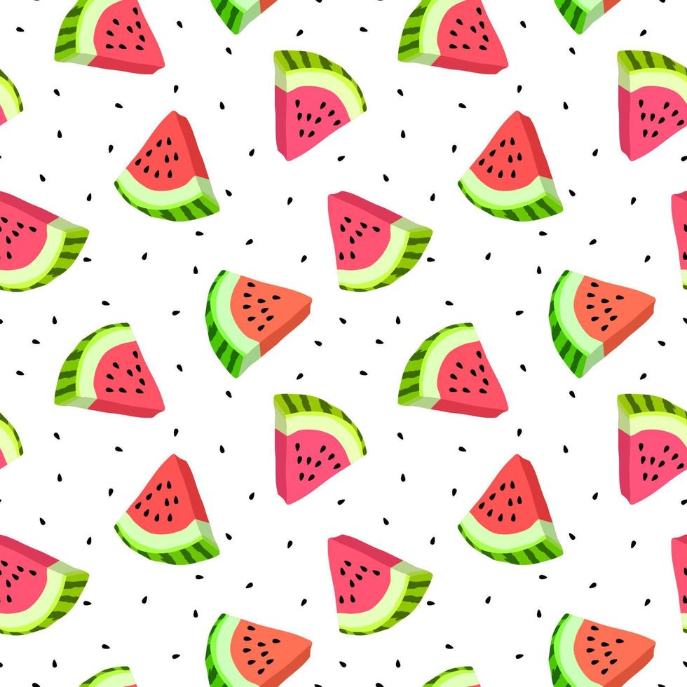 Vector seamless pattern with watermelon slices. Colorful hand-drawn repeatable background. Summer fruits with seeds backdrop.