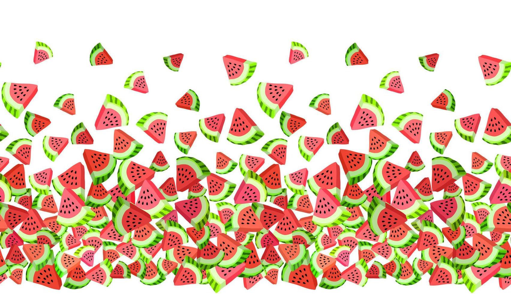 Vector seamless border pattern with watermelon slices. Colorful hand-drawn repeatable horizontal background. Summer fruits with seeds backdrop.