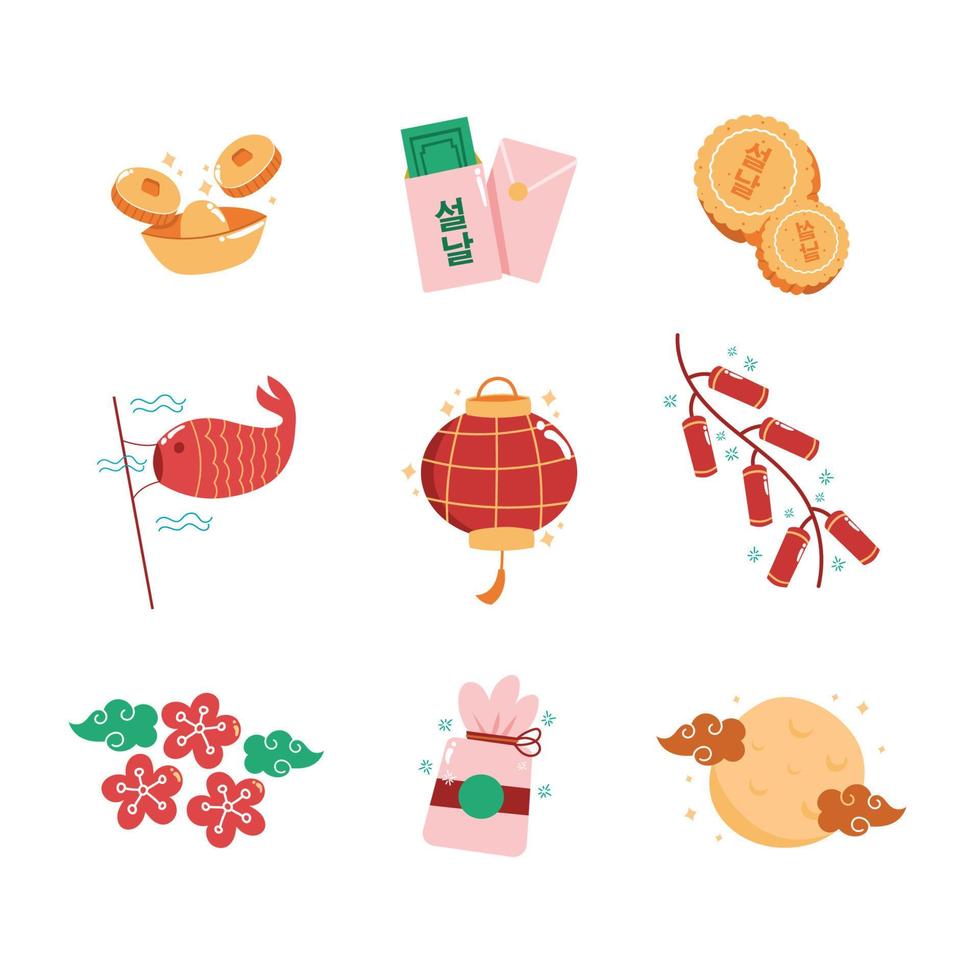 pastel de luna, dinero, oro, linterna, petardo y cometa de pescado conjunto de iconos de año nuevo coreano seolall vector