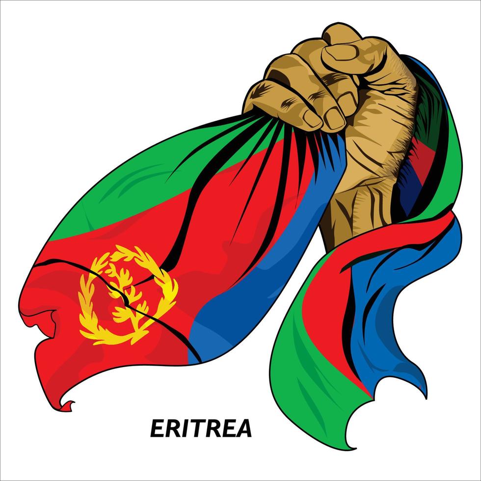 Fisted hand holding Eritrean flag. Vector illustration of lifted Hand grabbing flag. Flag draping around hand. Scalable Eps format