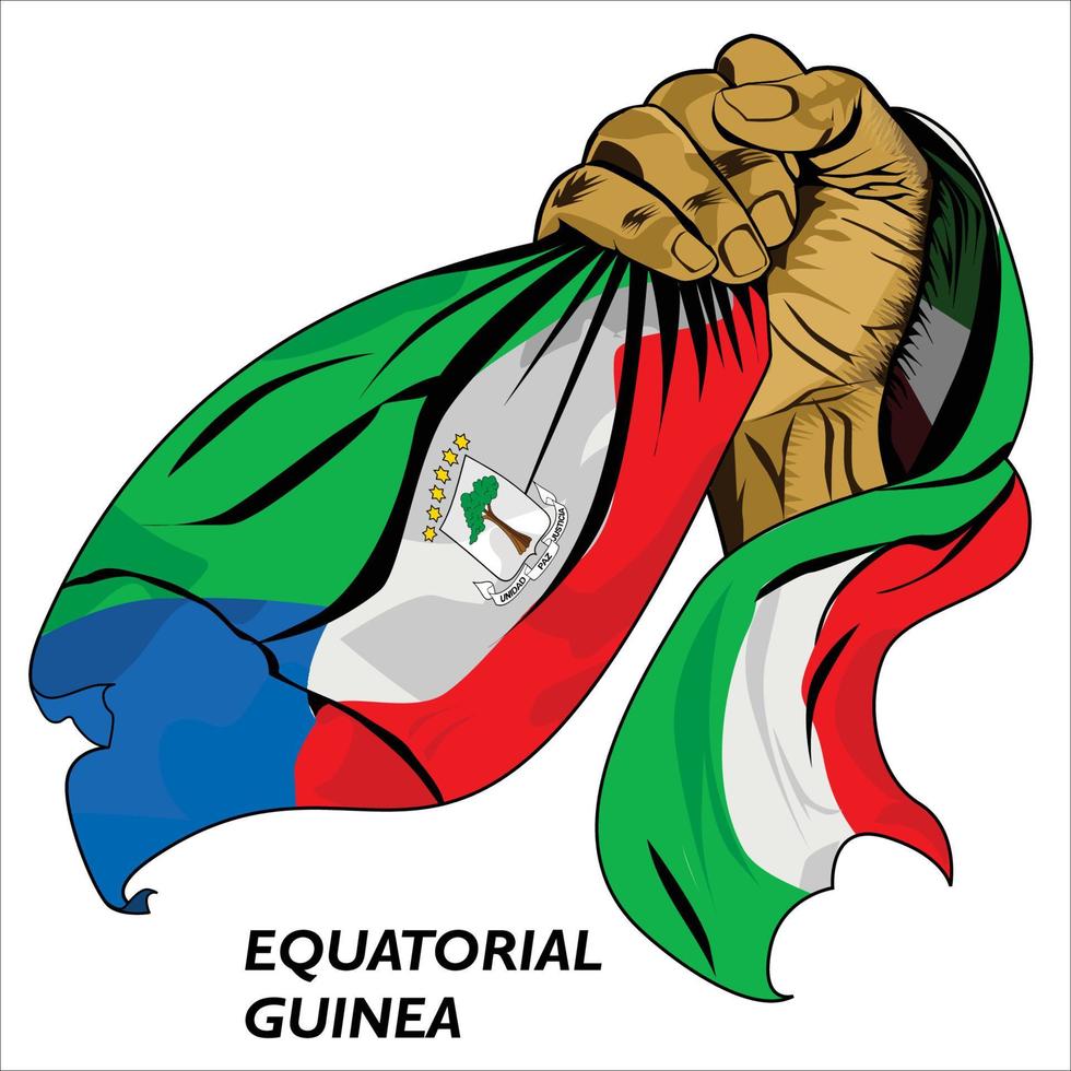 mano en puño sosteniendo la bandera de guinea ecuatorial. ilustración vectorial de la bandera de agarre de mano levantada. bandera colgando alrededor de la mano. formato eps escalable vector