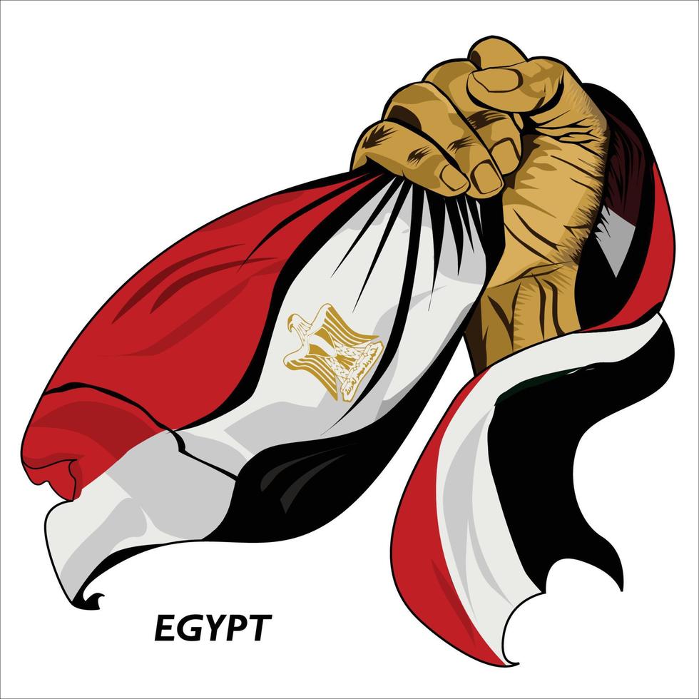 Fisted hand holding Egyptian flag. Vector illustration of lifted Hand grabbing flag. Flag draping around hand. Scalable Eps format