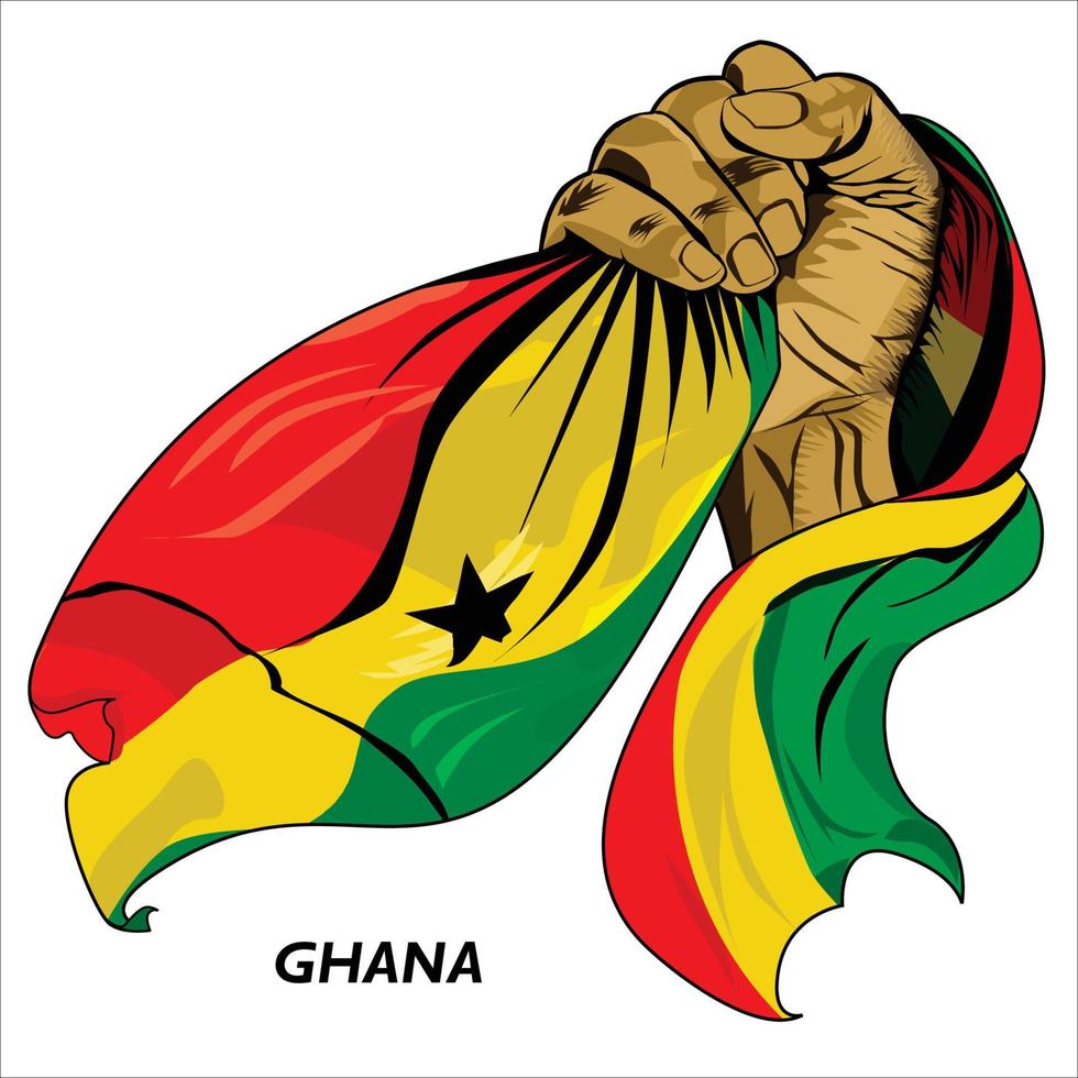 Fisted hand holding Ghanaian flag. Vector illustration of lifted Hand grabbing flag. Flag draping around hand. Scalable Eps format