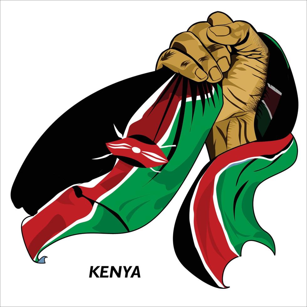 Fisted hand holding Kenyan flag. Vector illustration of lifted Hand grabbing flag. Flag draping around hand. Scalable Eps format