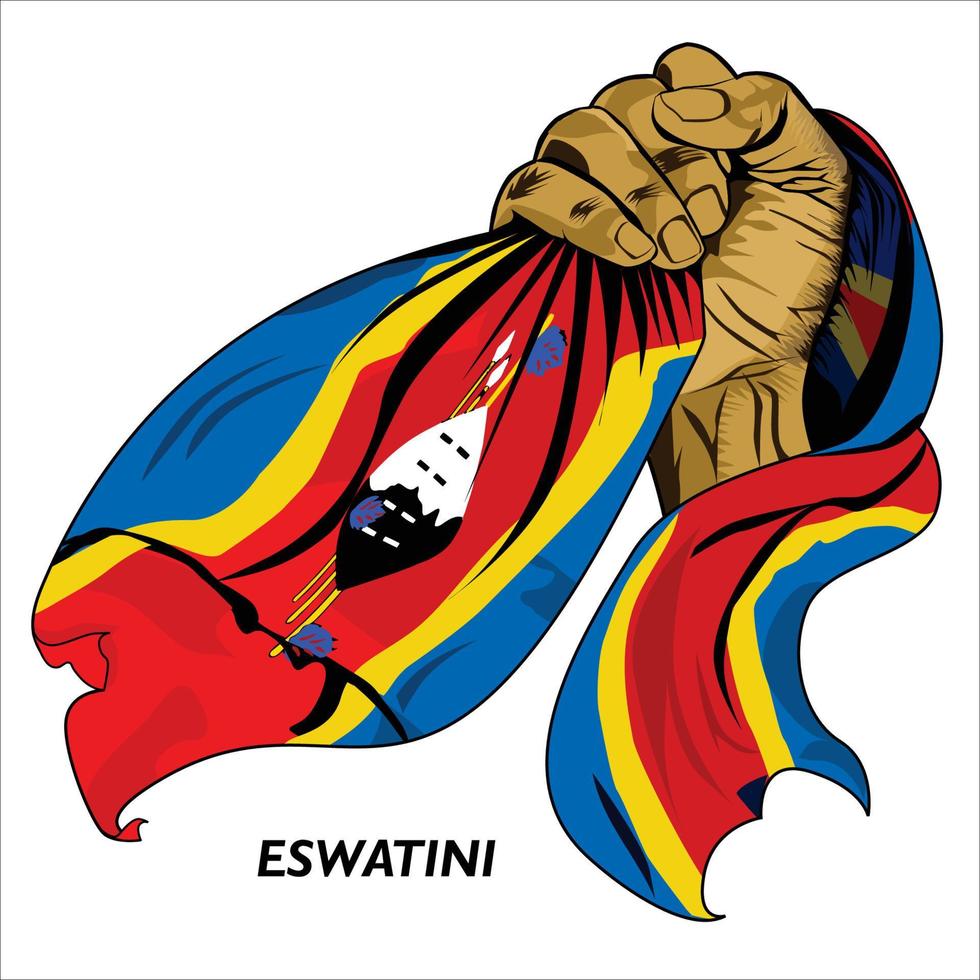 mano en puño sosteniendo la bandera de eswatini. ilustración vectorial de la bandera de agarre de mano levantada. bandera colgando alrededor de la mano. formato eps escalable vector