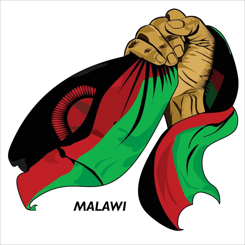 Fisted hand holding Malawian flag. Vector illustration of lifted Hand grabbing flag. Flag draping around hand. Scalable Eps format