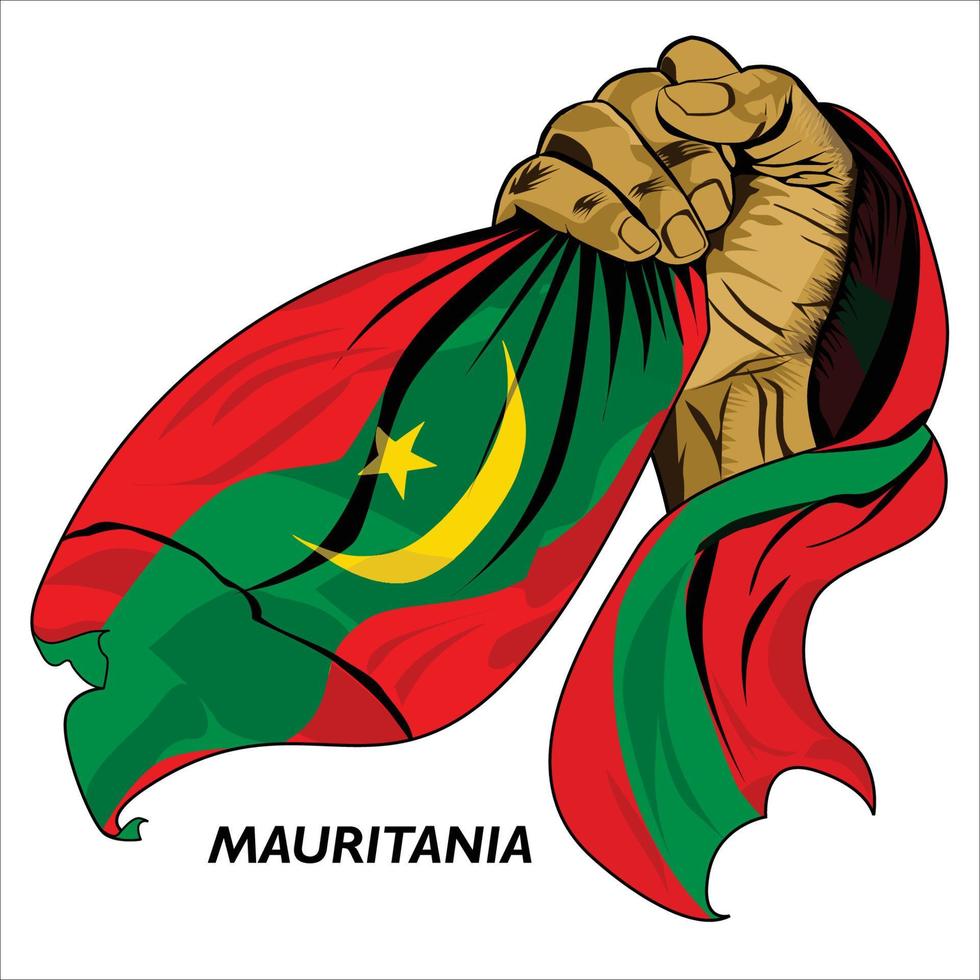 Fisted hand holding Mauritanian flag. Vector illustration of lifted Hand grabbing flag. Flag draping around hand. Scalable Eps format