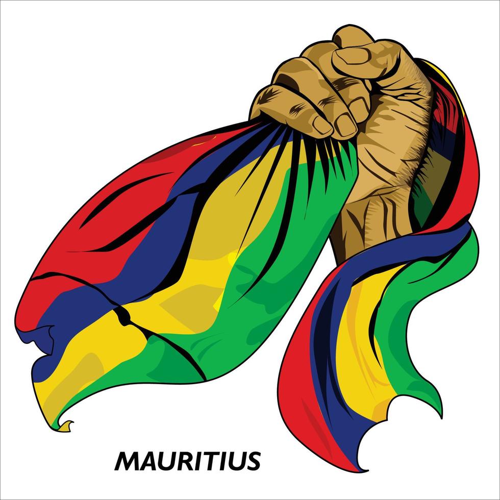 Fisted hand holding Mauritians flag. Vector illustration of lifted Hand grabbing flag. Flag draping around hand. Scalable Eps format