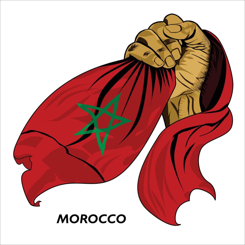 Fisted hand holding Moroccan flag. Vector illustration of lifted Hand grabbing flag. Flag draping around hand. Scalable Eps format