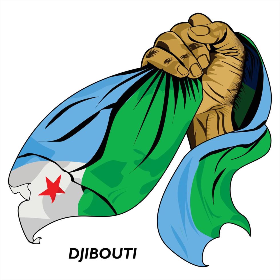 Fisted hand holding Djiboutian flag. Vector illustration of lifted Hand grabbing flag. Flag draping around hand. Scalable Eps format