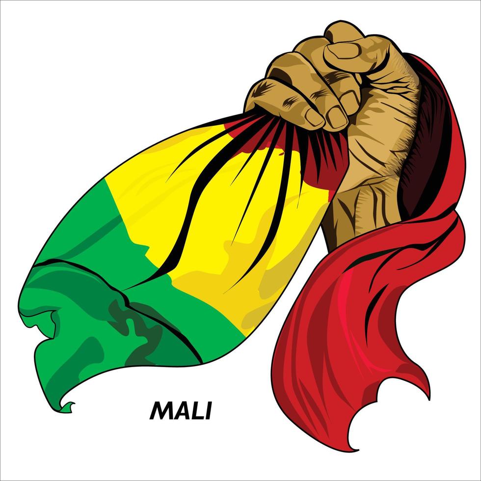 Fisted hand holding Malian flag. Vector illustration of lifted Hand grabbing flag. Flag draping around hand. Scalable Eps format