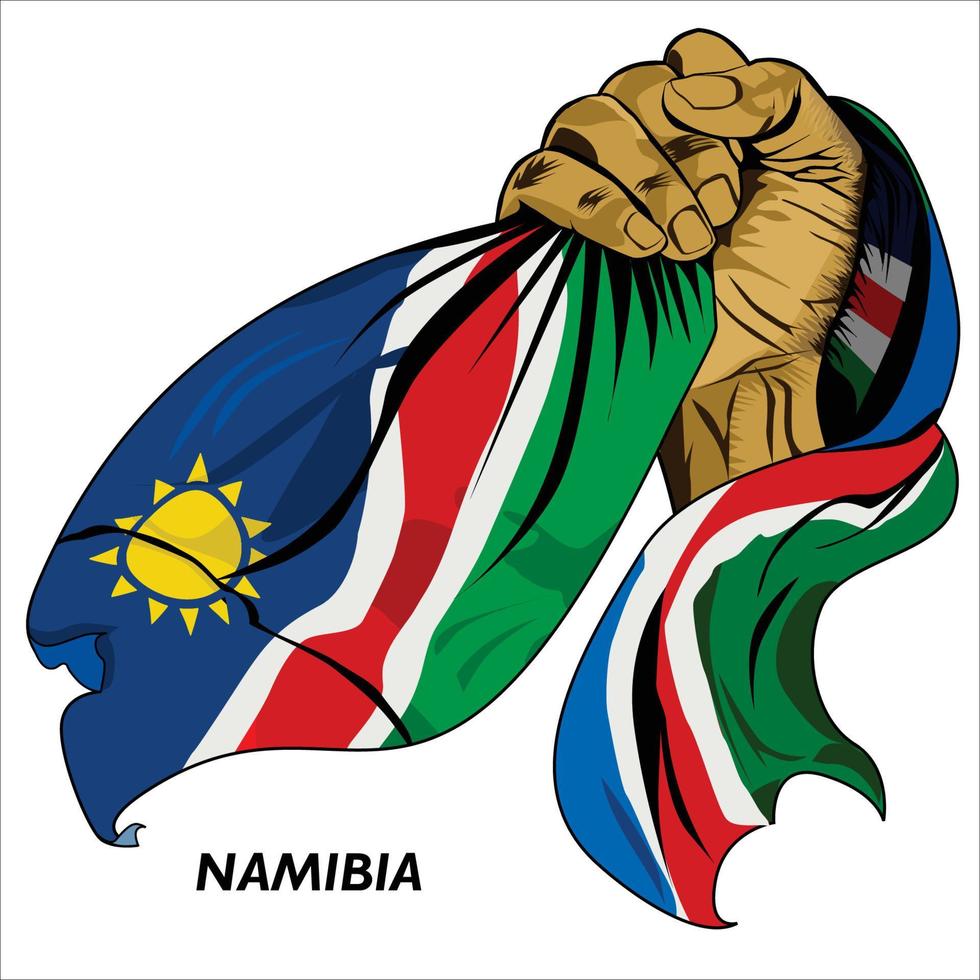 Fisted hand holding Namibian flag. Vector illustration of lifted Hand grabbing flag. Flag draping around hand. Scalable Eps format