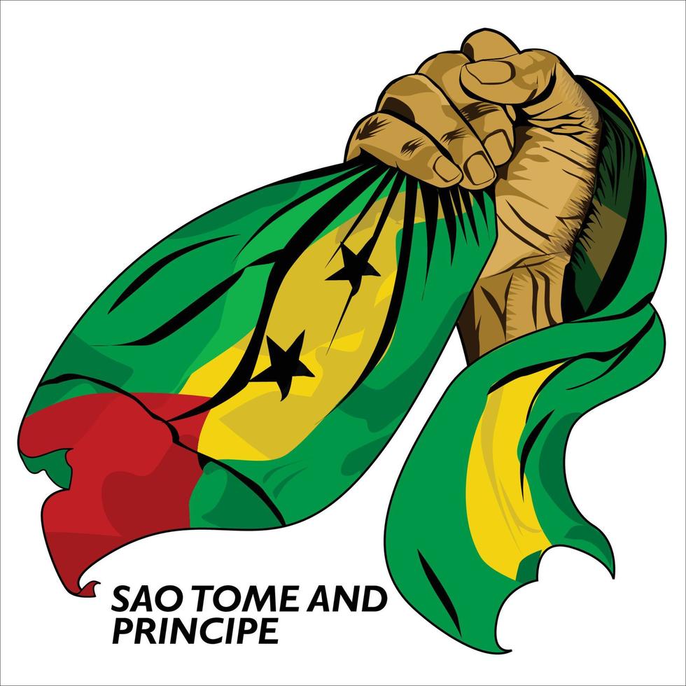 Fisted hand holding Sao tome and Principe flag. Vector illustration of lifted Hand grabbing flag. Flag draping around hand. Scalable Eps format