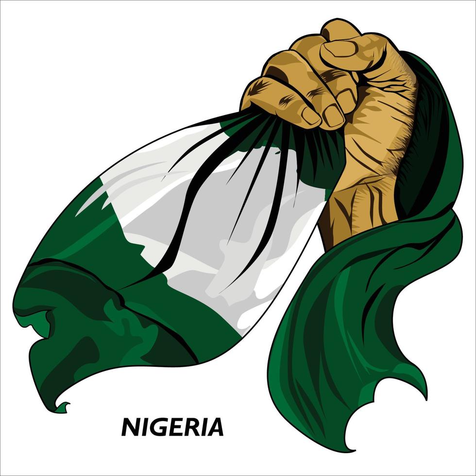 Fisted hand holding Nigerian flag. Vector illustration of lifted Hand grabbing flag. Flag draping around hand. Scalable Eps format