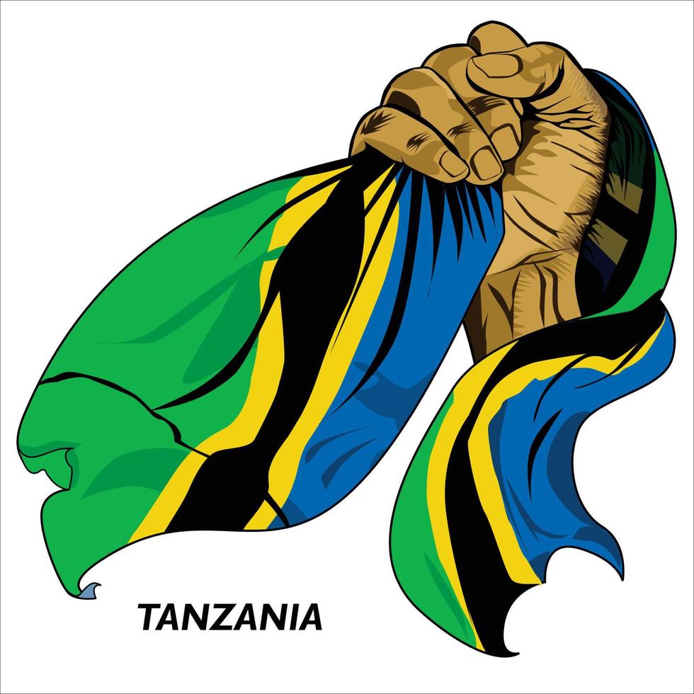 Fisted hand holding Tanzanian flag. Vector illustration of lifted Hand grabbing flag. Flag draping around hand. Scalable Eps format