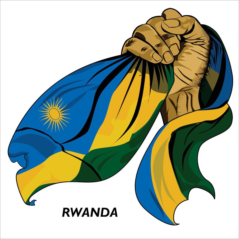 Fisted hand holding Rwandan flag. Vector illustration of lifted Hand grabbing flag. Flag draping around hand. Scalable Eps format