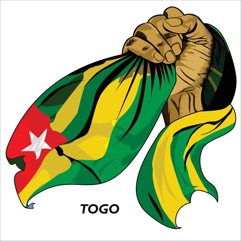 Fisted hand holding Togolese flag. Vector illustration of lifted Hand grabbing flag. Flag draping around hand. Scalable Eps format