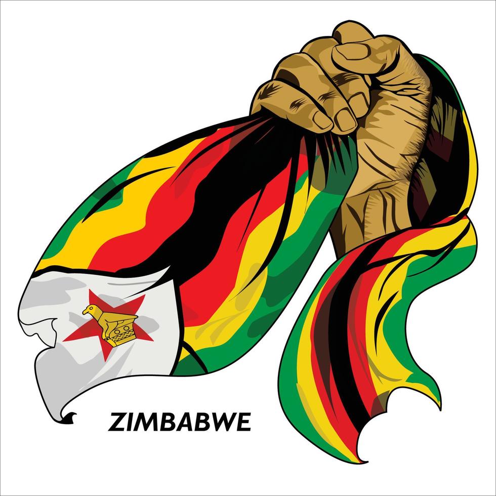 mano en puño sosteniendo la bandera de zimbabwe. ilustración vectorial de la bandera de agarre de mano levantada. bandera colgando alrededor de la mano. formato eps escalable vector